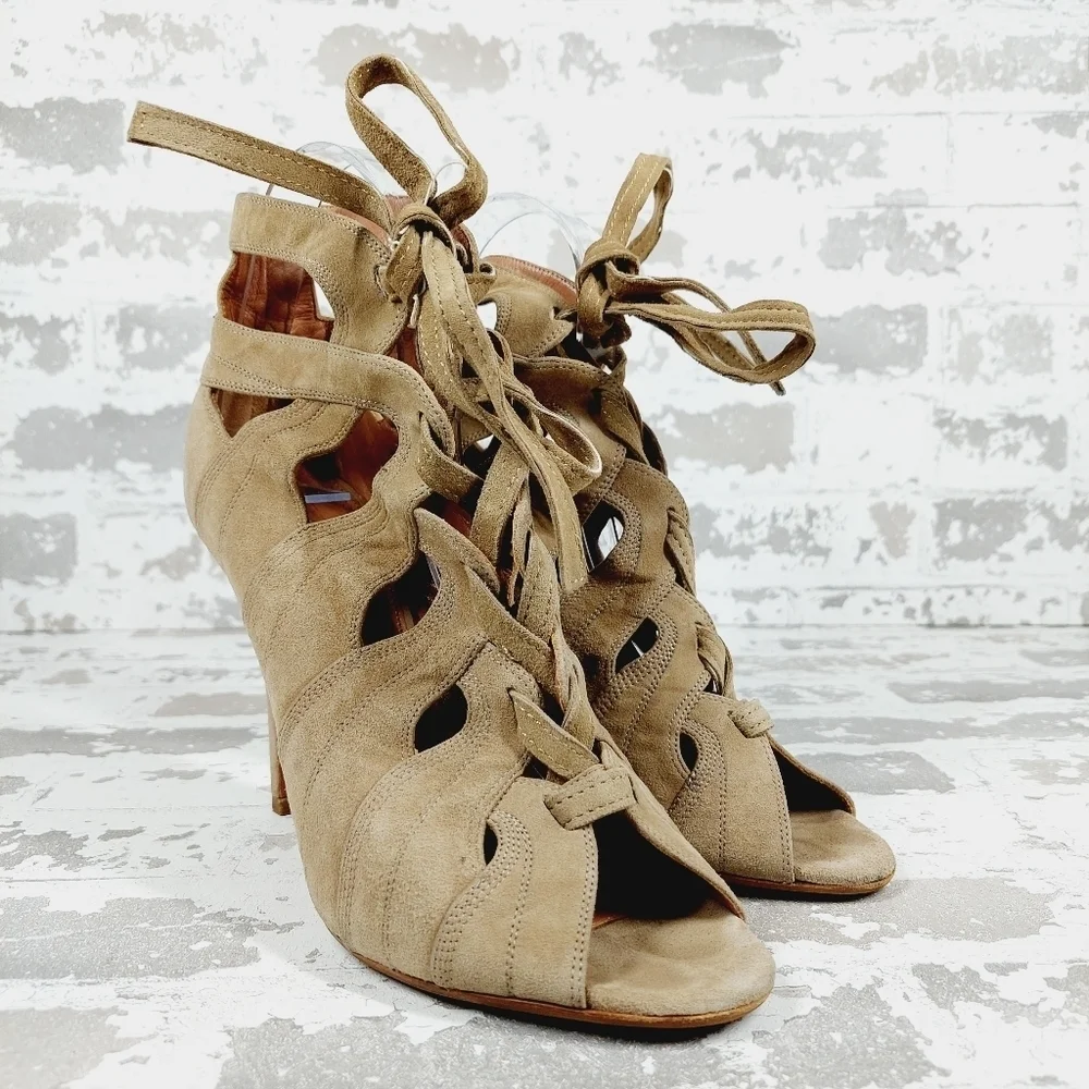 Alaia Beige Cut Out Suede Lace Up Peep Toe Heeled Ankle Booties M817 - Picture 4 of 15